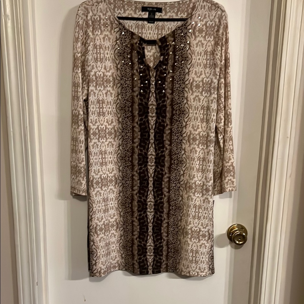 NWT Style Co. Brown and Cream Long Sleeve Sheath Dress Fri🌺